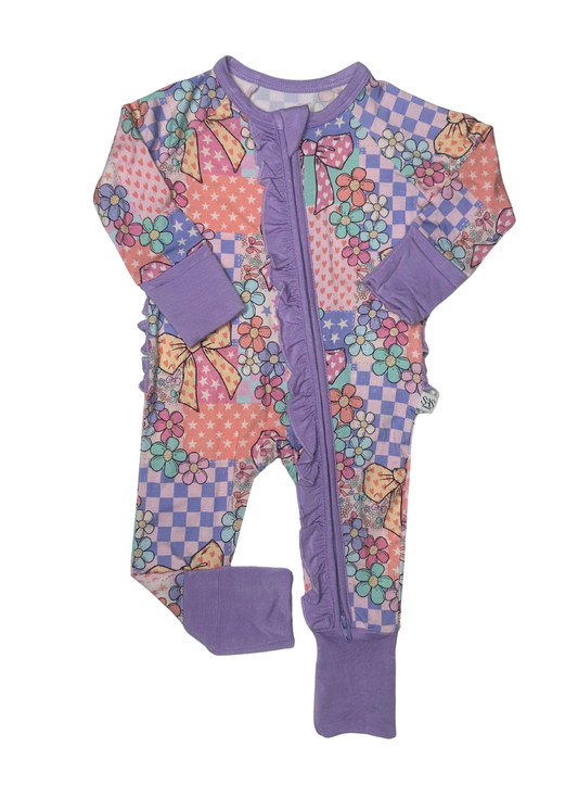 “Floral Patchwork” Ruffle Zippie
